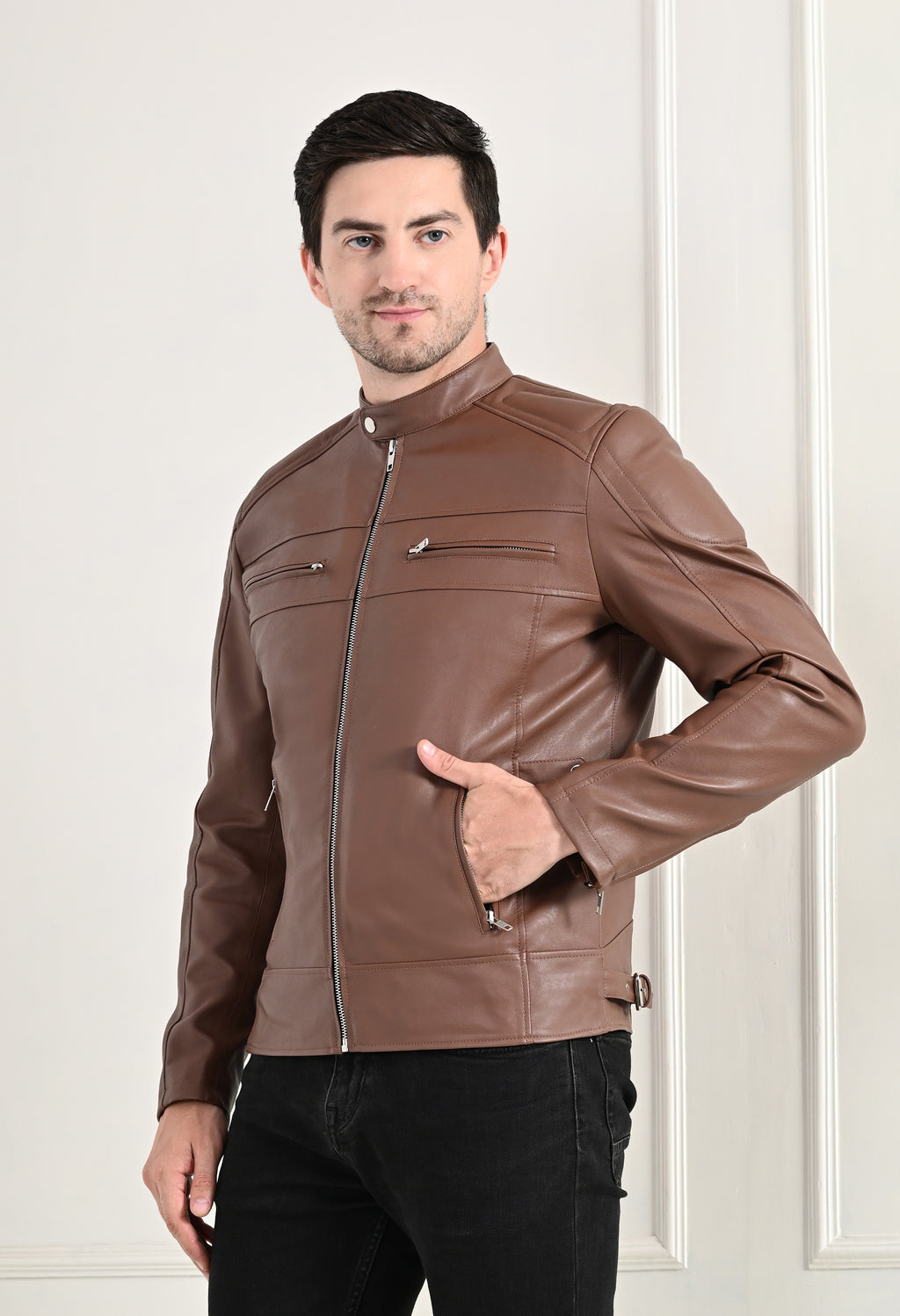 Mandarin Collar Long Sleeves Classic Look Lightweight Tan Leather Jacket – view 3
