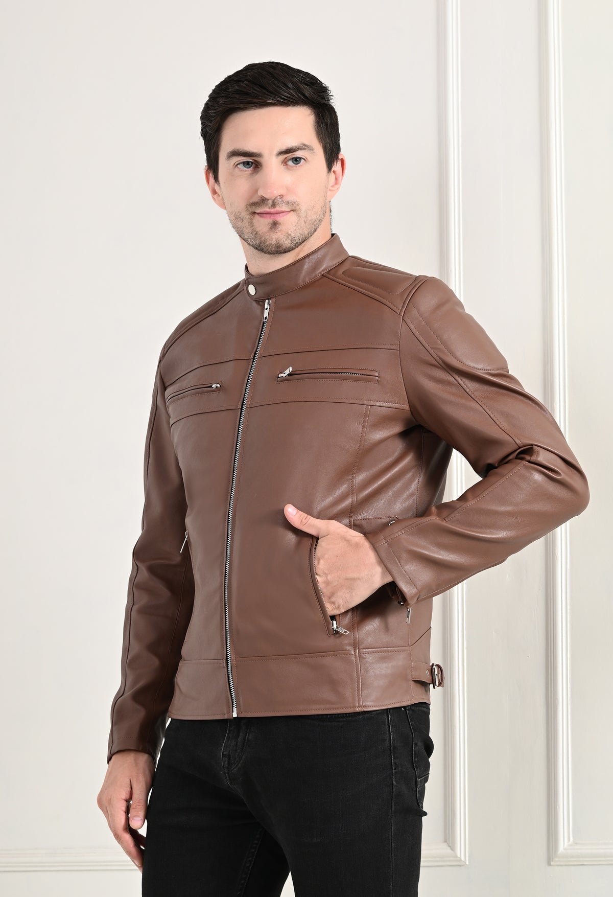 Mandarin Collar Long Sleeves Classic Look Lightweight Tan Leather Jacket – view 3
