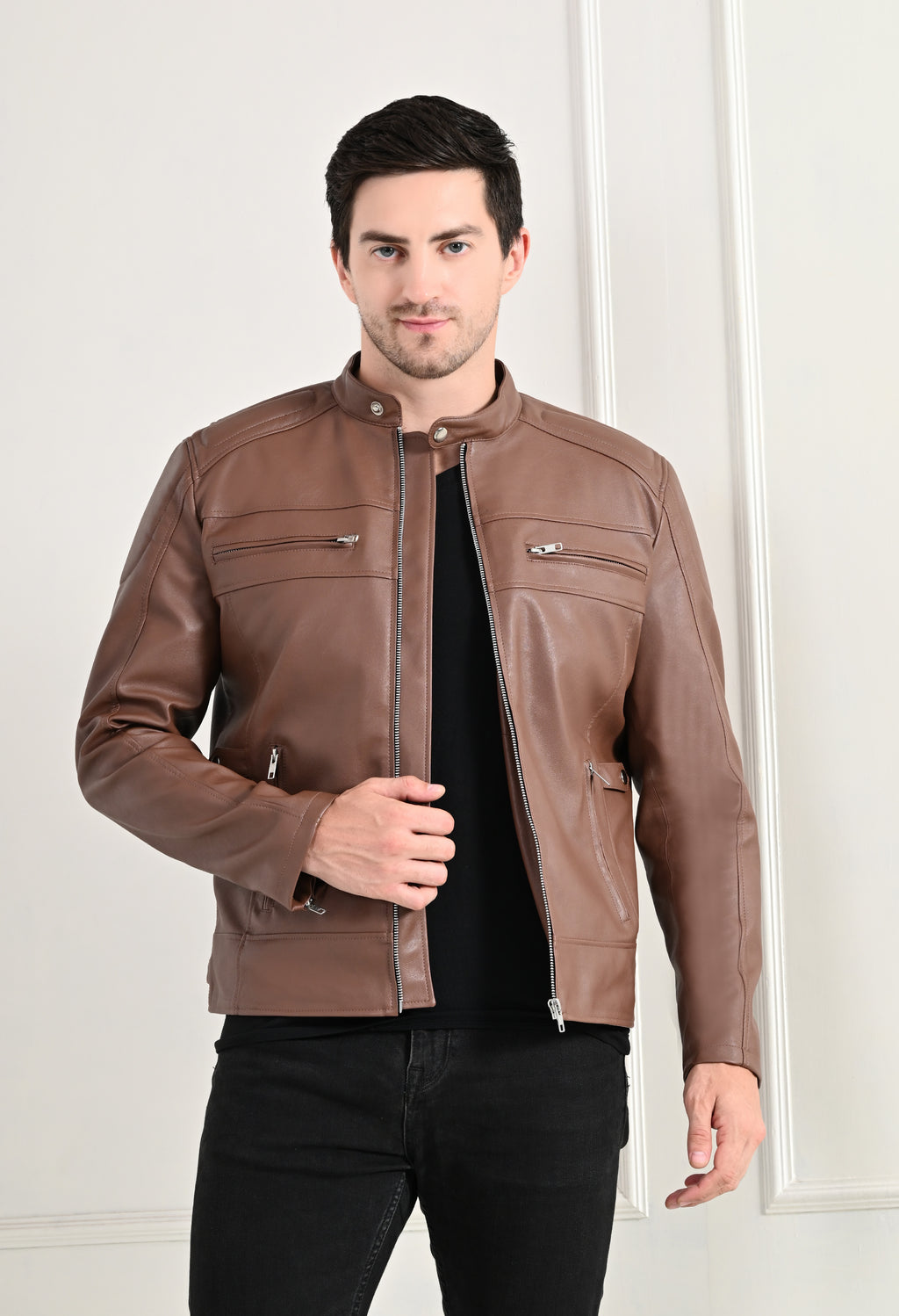 Mandarin Collar Long Sleeves Classic Look Lightweight Tan Leather Jacket – view 4