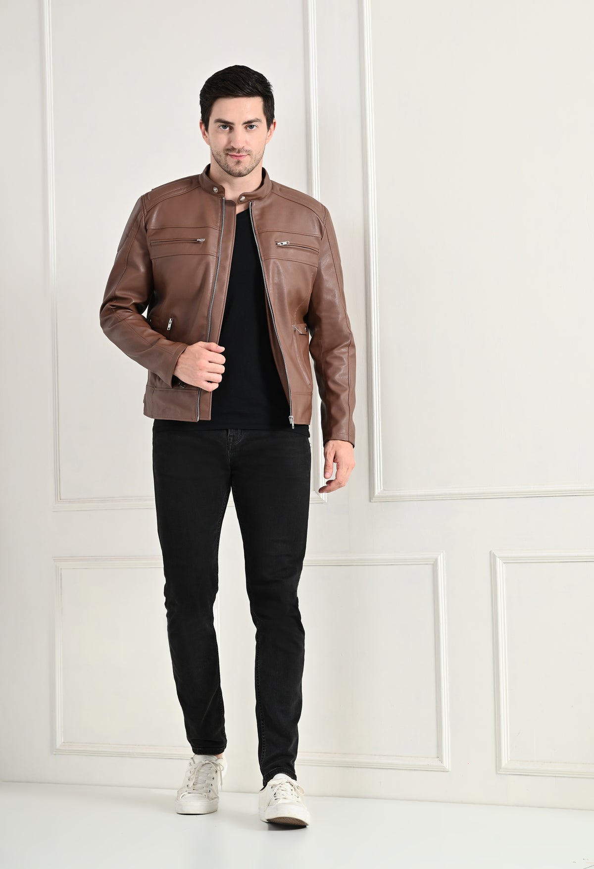 Mandarin Collar Long Sleeves Classic Look Lightweight Tan Leather Jacket – view 5