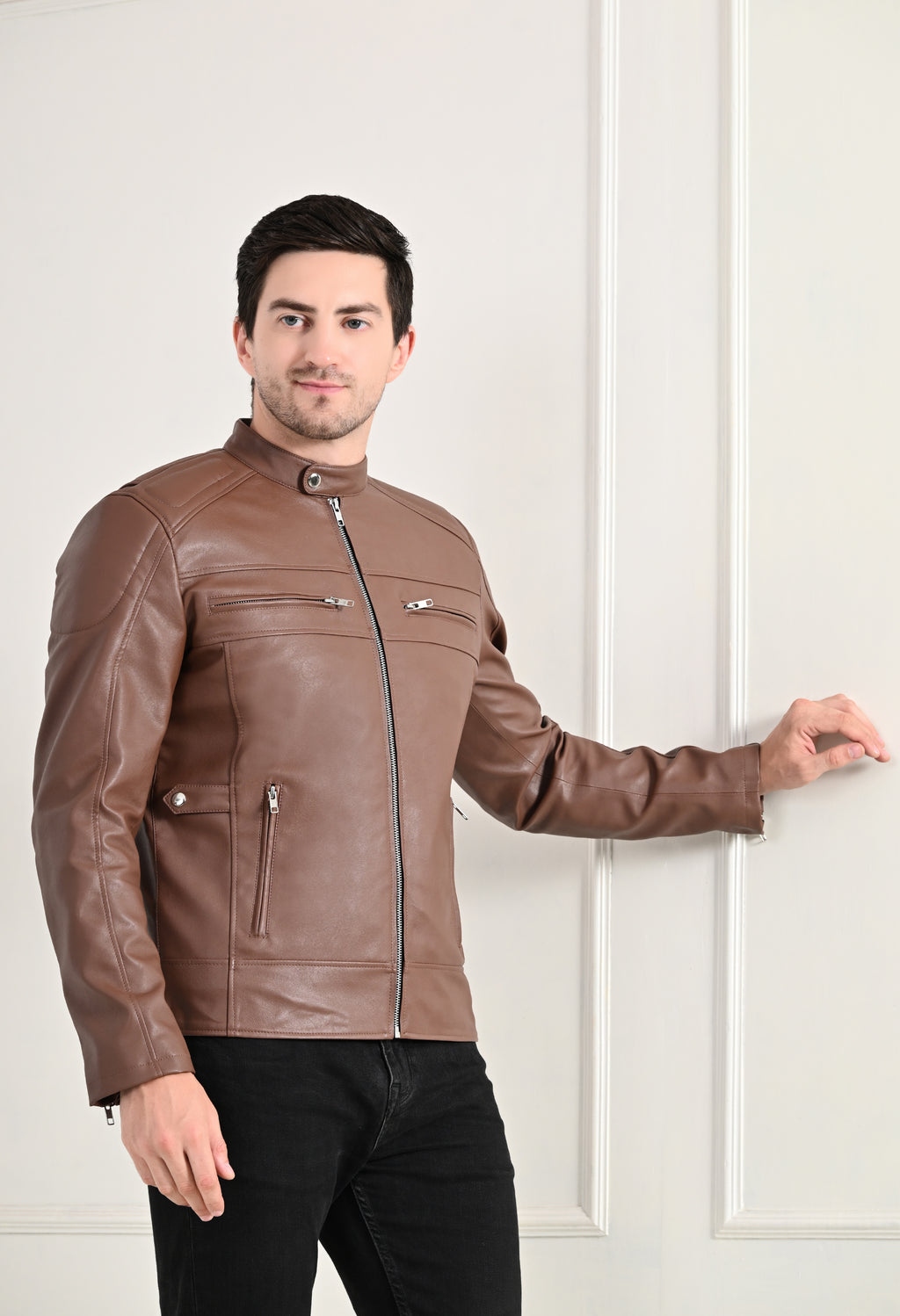 Mandarin Collar Long Sleeves Classic Look Lightweight Tan Leather Jacket – view 6