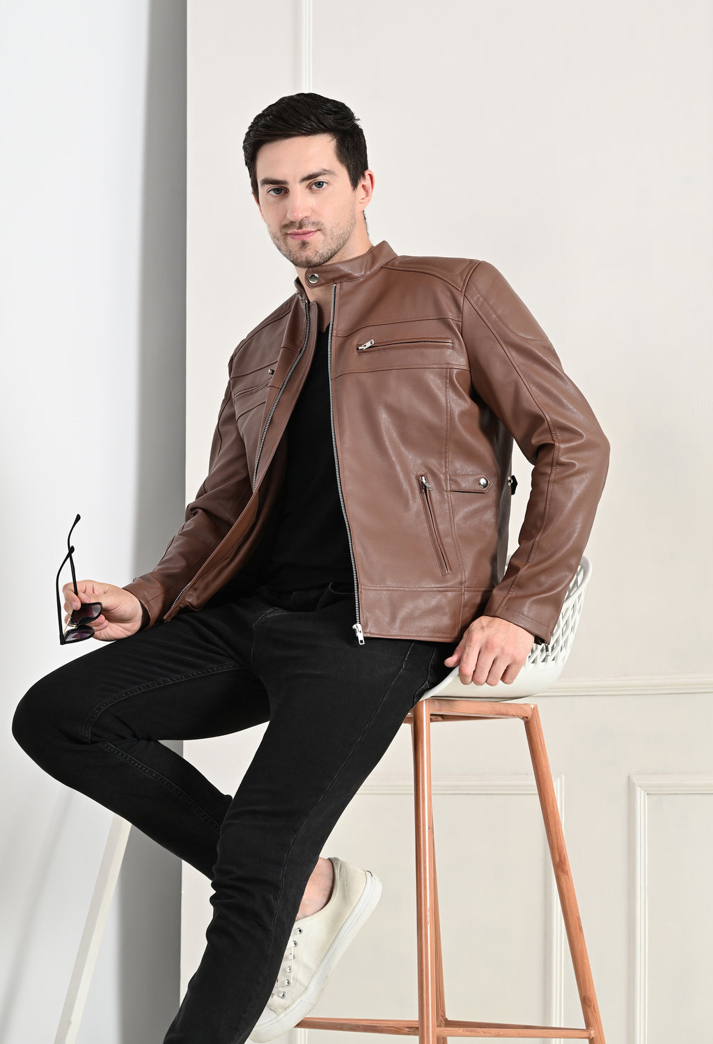Mandarin Collar Long Sleeves Classic Look Lightweight Tan Leather Jacket – view 7
