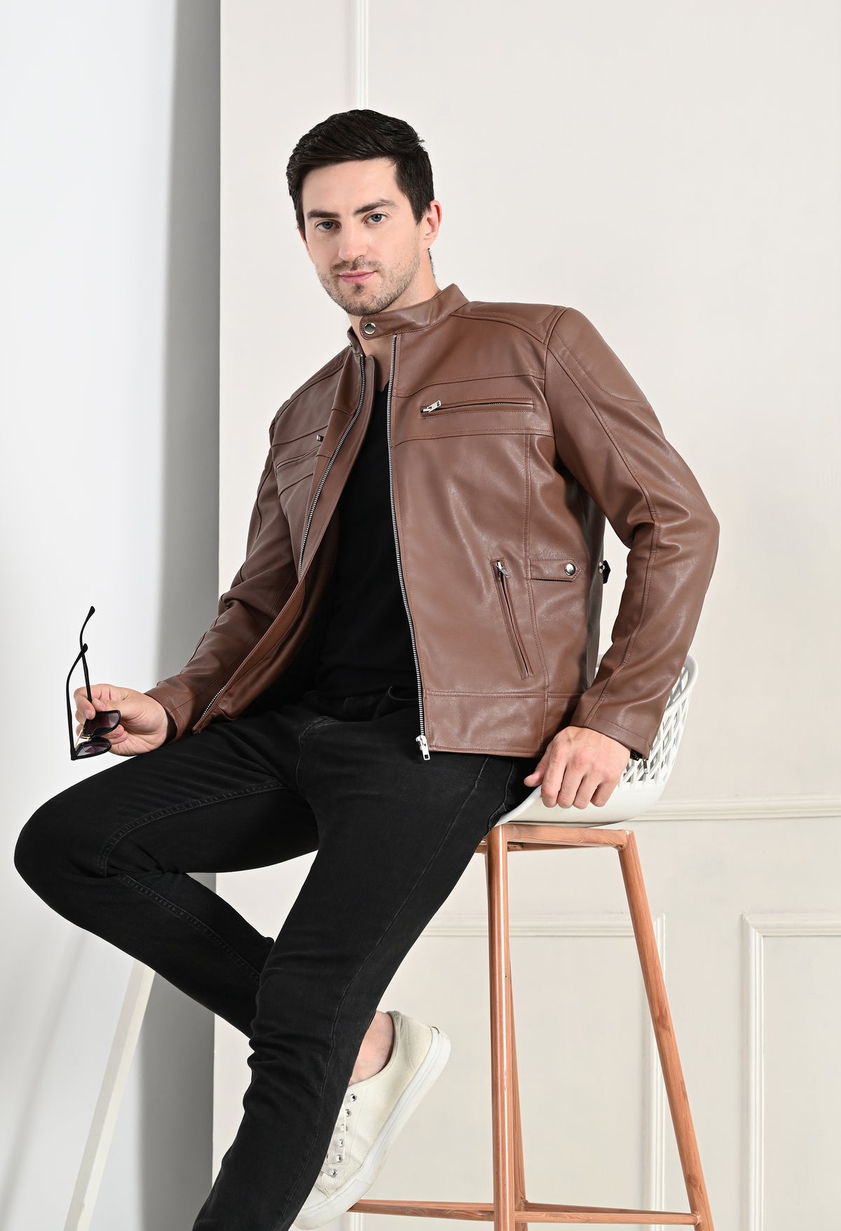 Mandarin Collar Long Sleeves Classic Look Lightweight Tan Leather Jacket – view 7