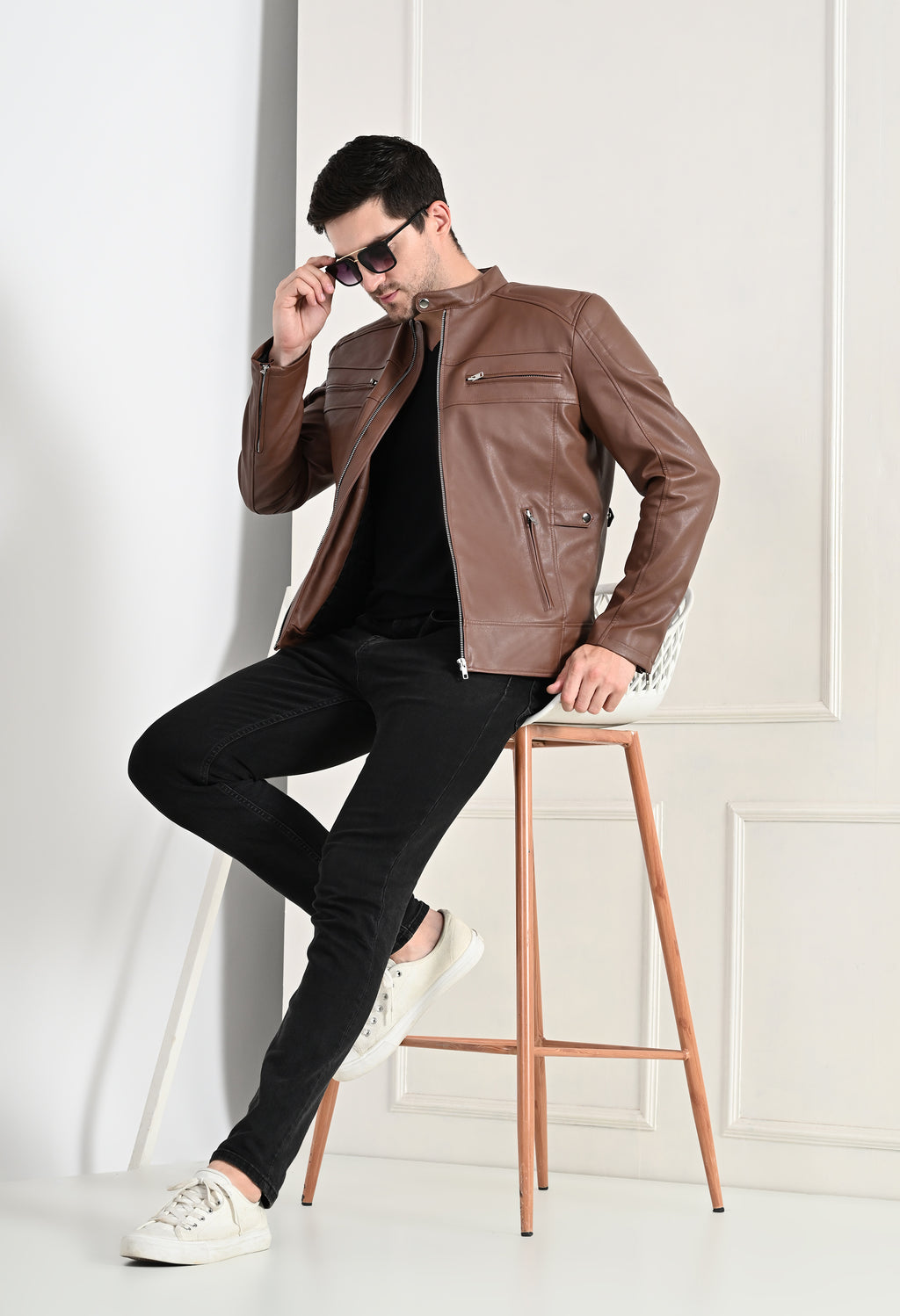 Mandarin Collar Long Sleeves Classic Look Lightweight Tan Leather Jacket – view 8