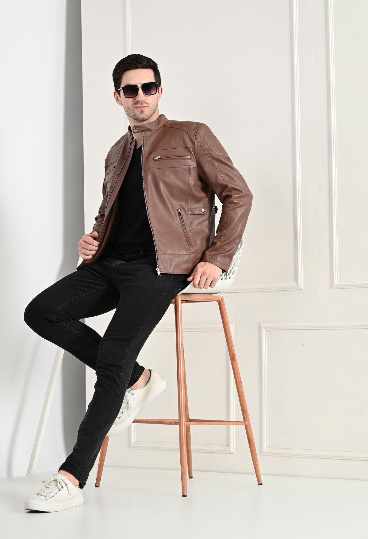 Mandarin Collar Long Sleeves Classic Look Lightweight Tan Leather Jacket – view 9