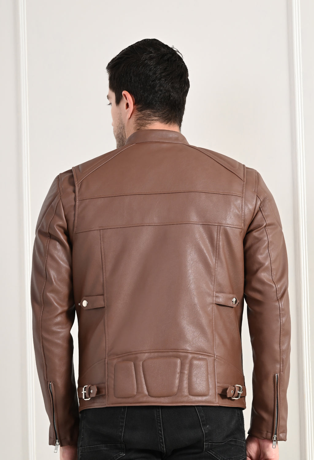 Mandarin Collar Long Sleeves Classic Look Lightweight Tan Leather Jacket – view 10
