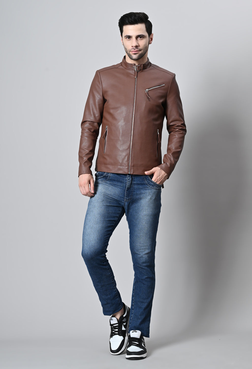 Men Leather Lightweight Biker Tan Jacket – view 2
