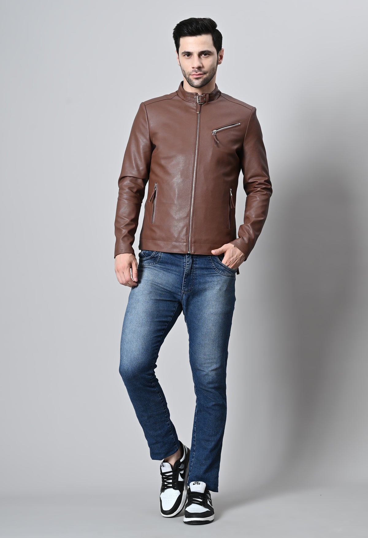 Men Leather Lightweight Biker Tan Jacket – view 2