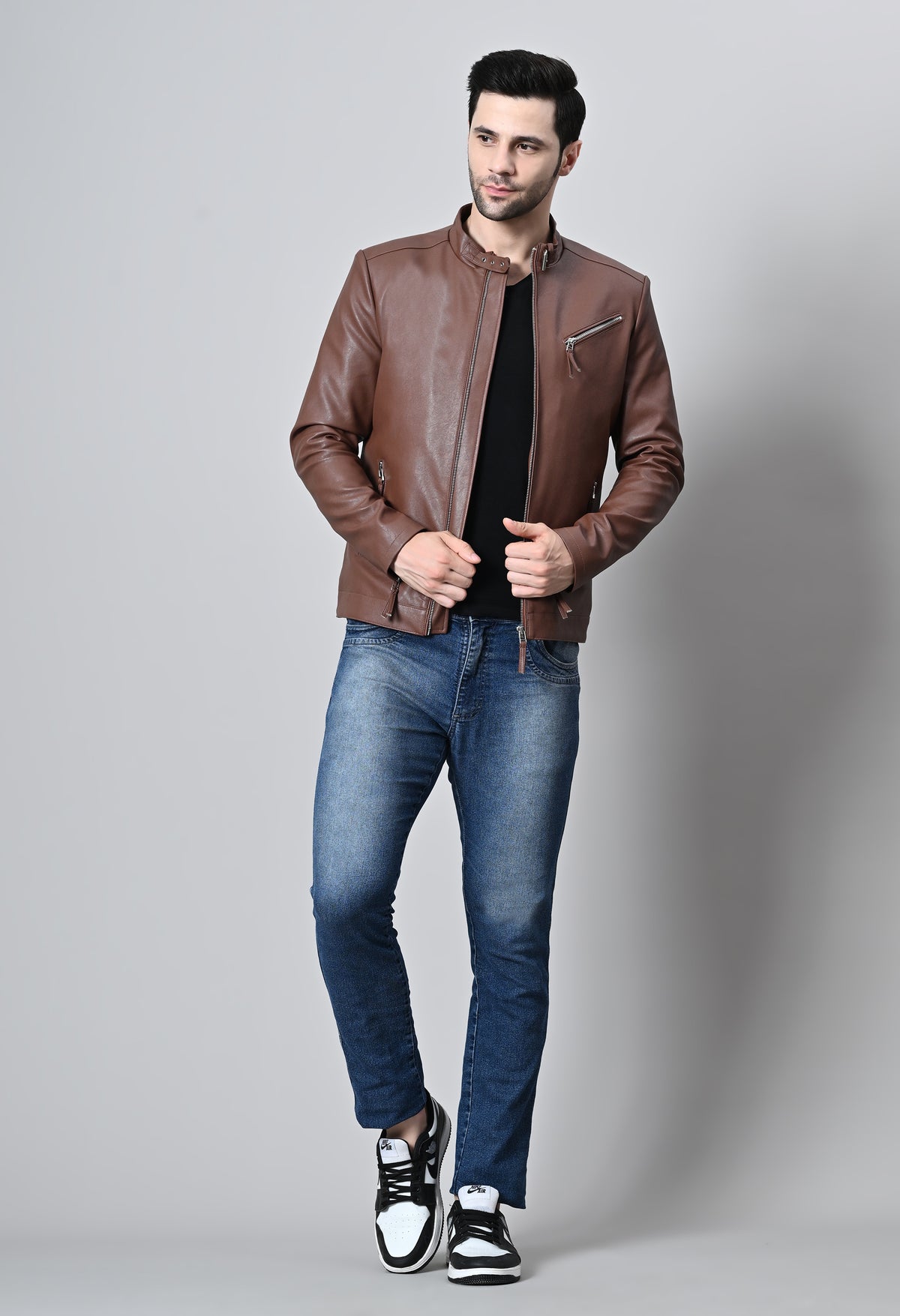 Men Leather Lightweight Biker Tan Jacket – view 9