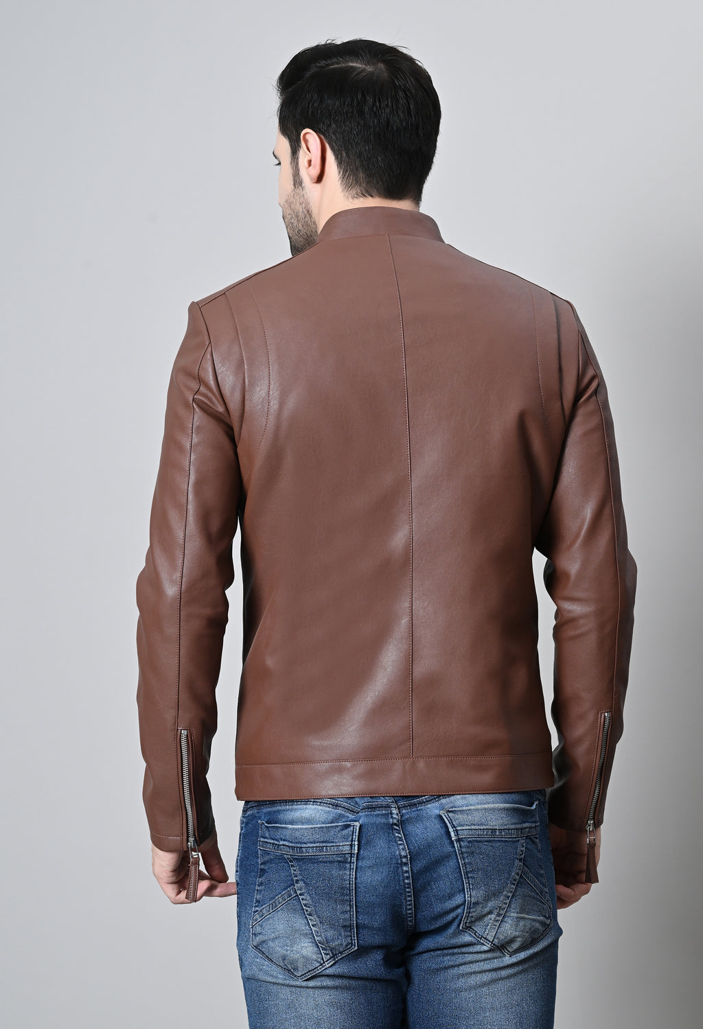 Men Leather Lightweight Biker Tan Jacket – view 3