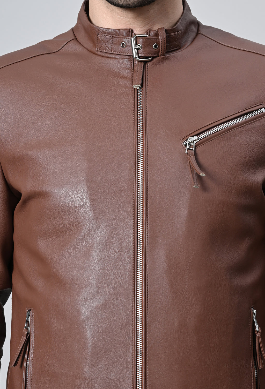 Men Leather Lightweight Biker Tan Jacket – view 5