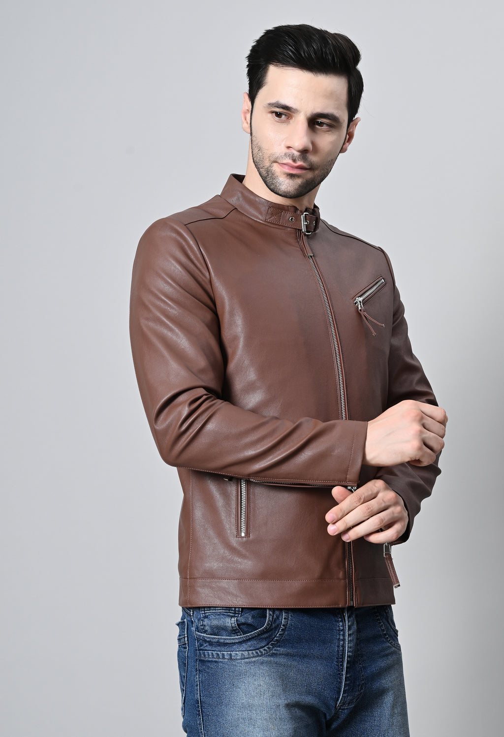 Men Leather Lightweight Biker Tan Jacket – view 6