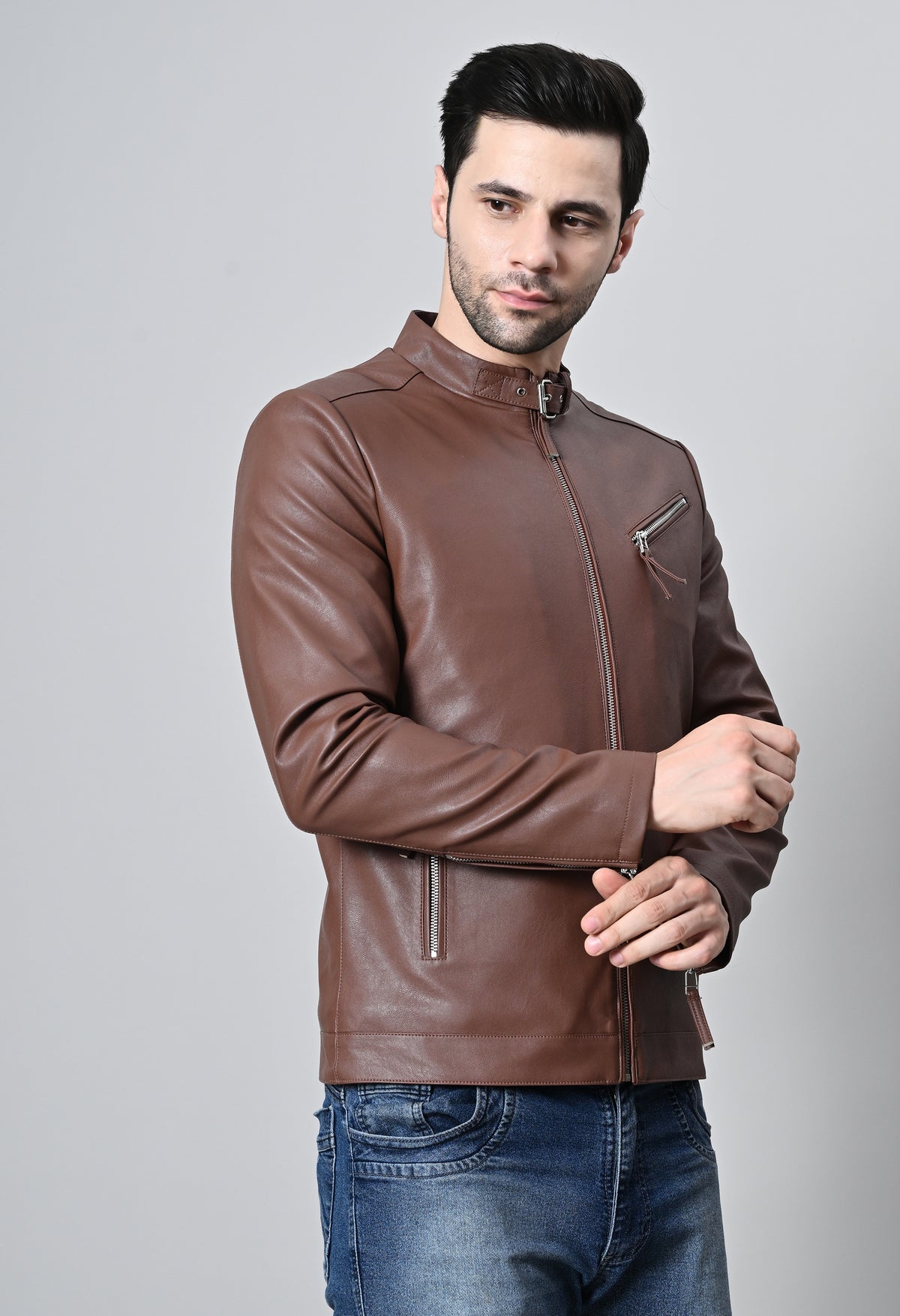 Men Leather Lightweight Biker Tan Jacket – view 6