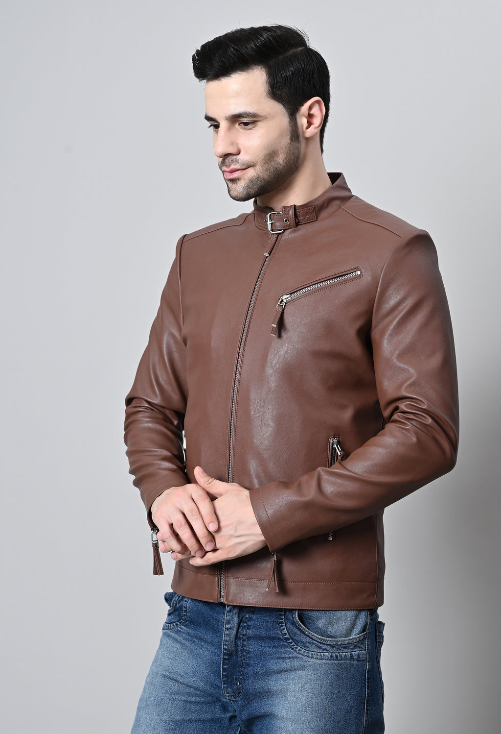Men Leather Lightweight Biker Tan Jacket – view 7