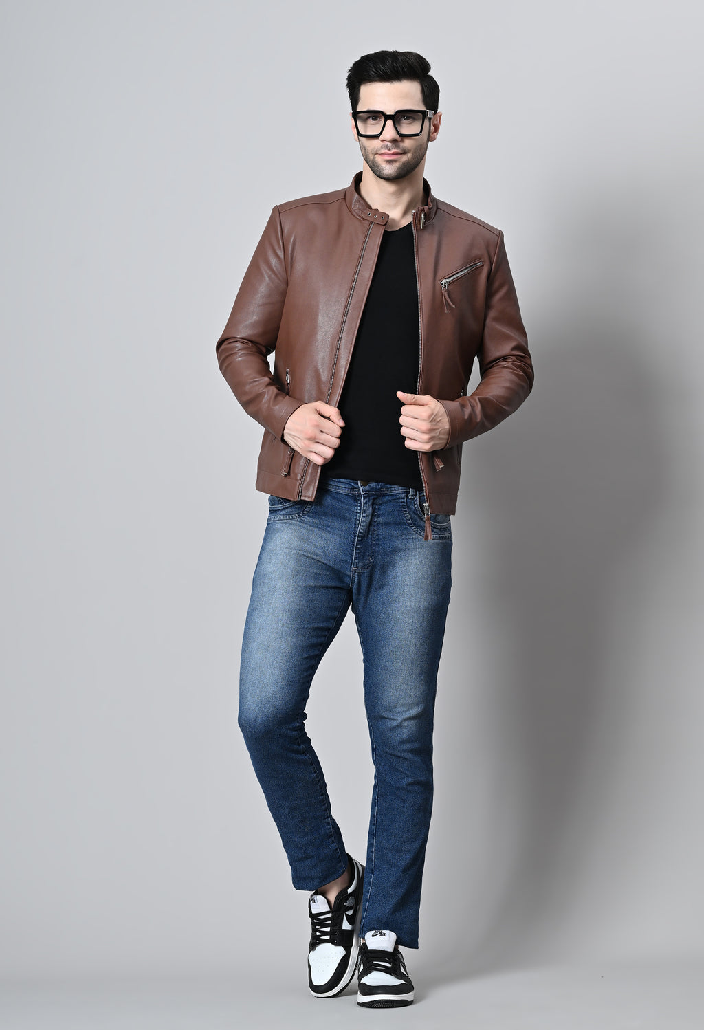 Men Leather Lightweight Biker Tan Jacket – view 8