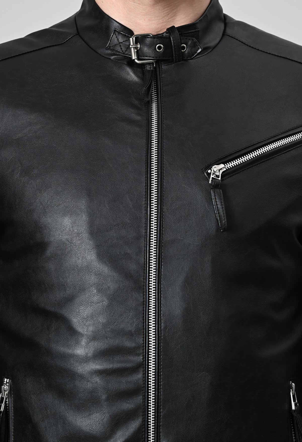 Men Leather Lightweight Biker Black Jacket – view 4