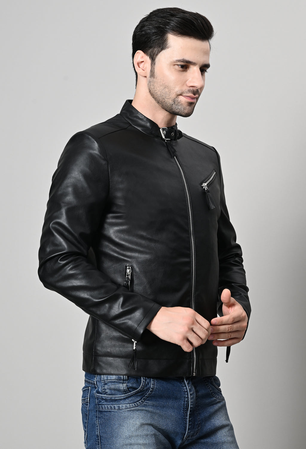 Men Leather Lightweight Biker Black Jacket – view 5