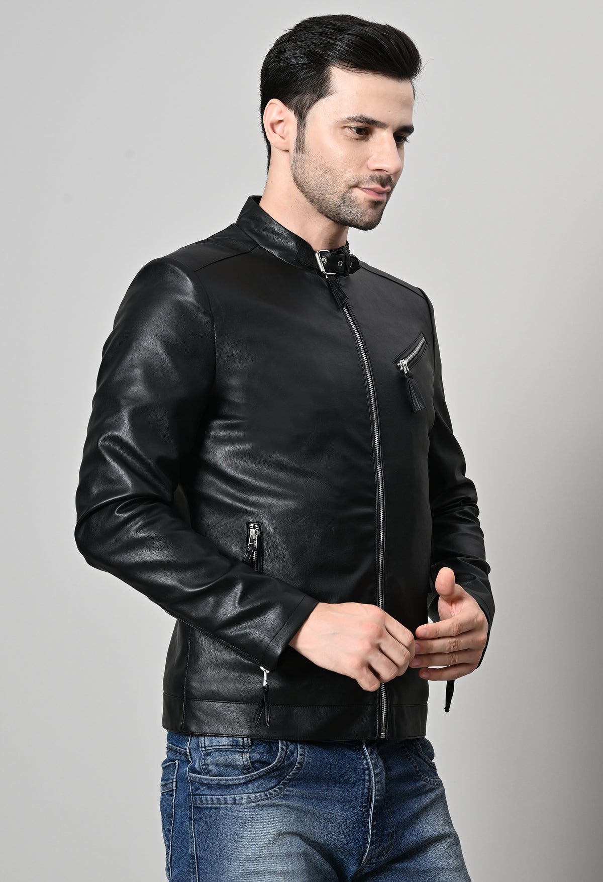 Men Leather Lightweight Biker Black Jacket – view 5