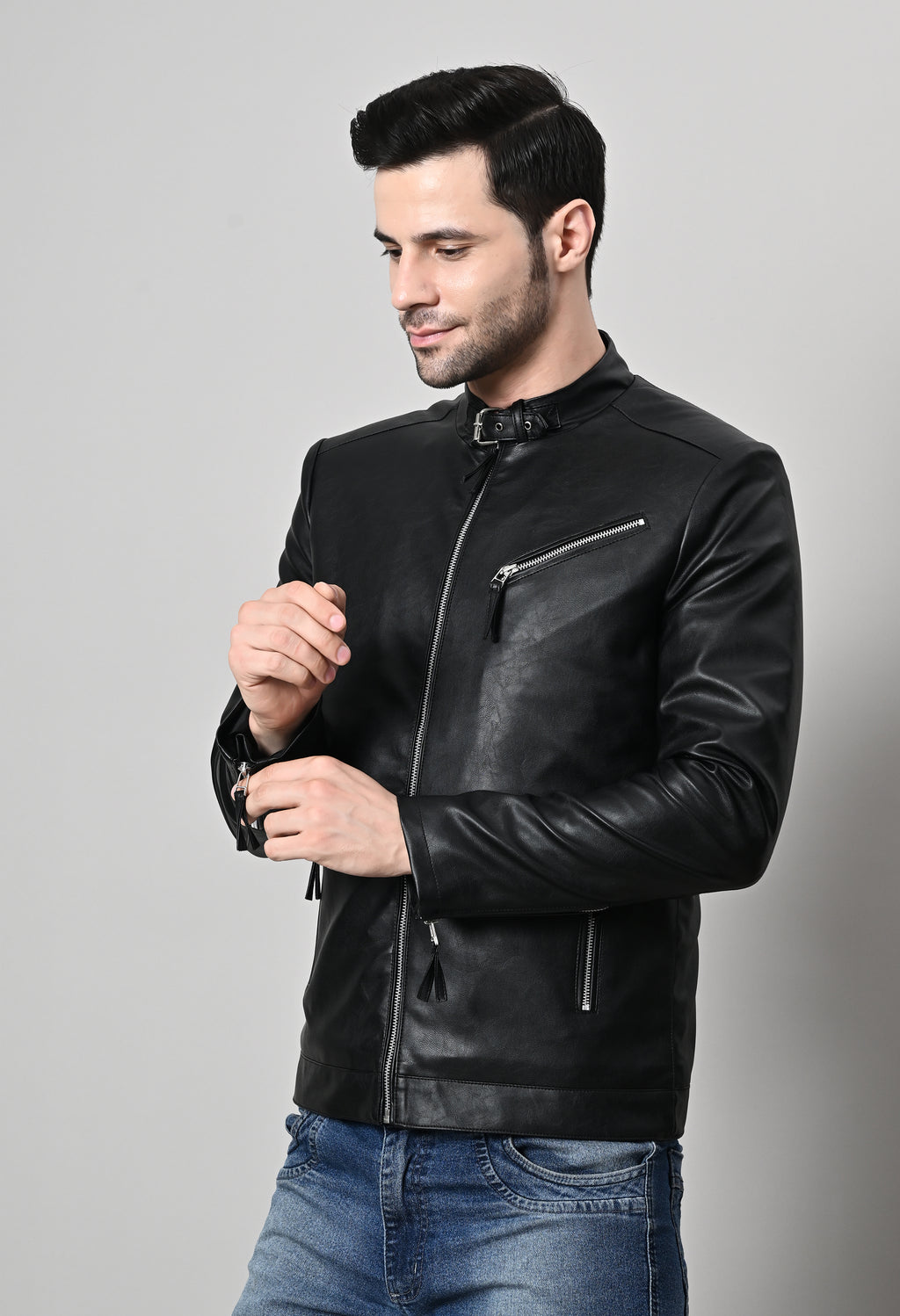 Men Leather Lightweight Biker Black Jacket – view 6