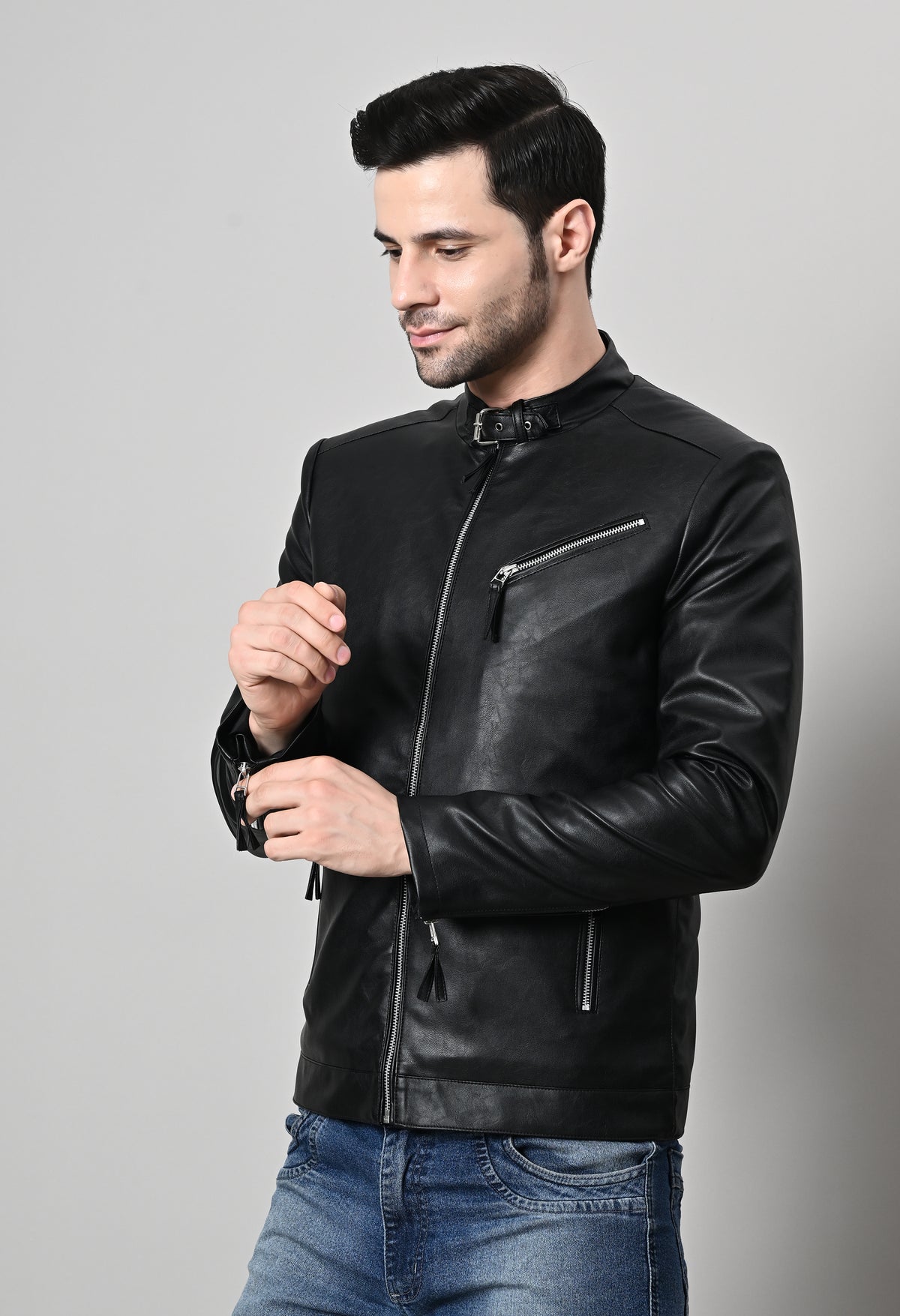 Men Leather Lightweight Biker Black Jacket – view 6