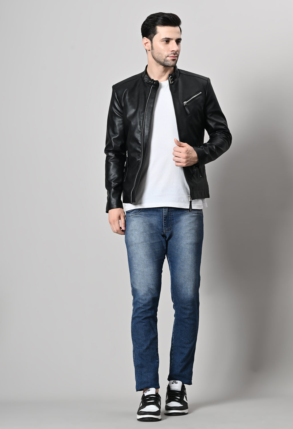 Men Leather Lightweight Biker Black Jacket – view 7
