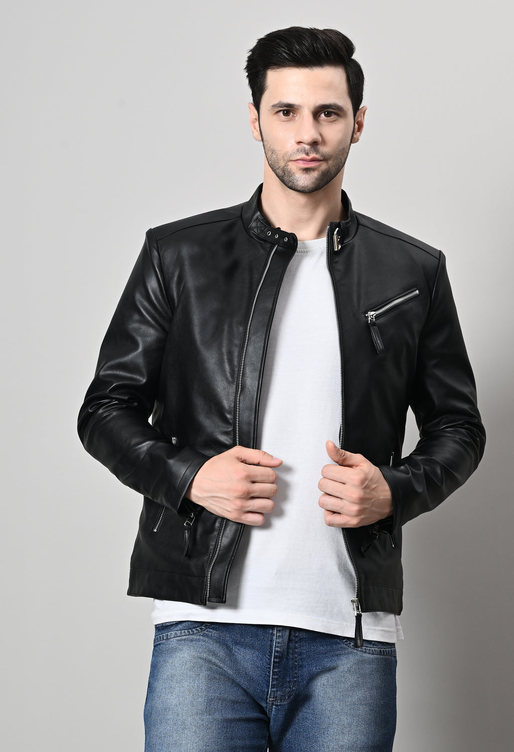 Men Leather Lightweight Biker Black Jacket – view 8