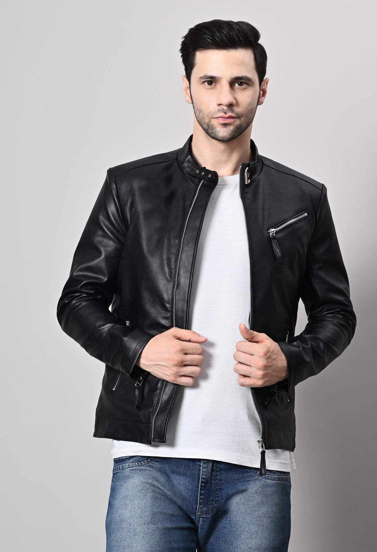 Men Leather Lightweight Biker Black Jacket – view 8