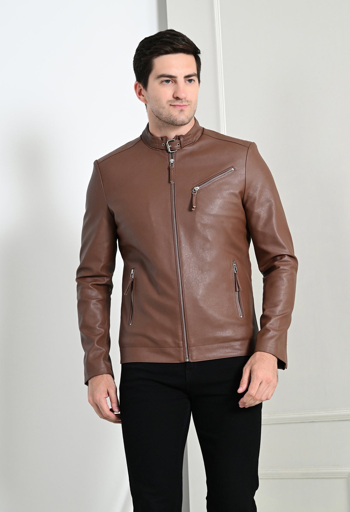 Men Leather Lightweight Tan Biker Jacket – view 2