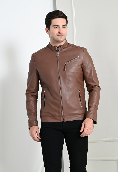 Men Leather Lightweight Tan Biker Jacket – view 2