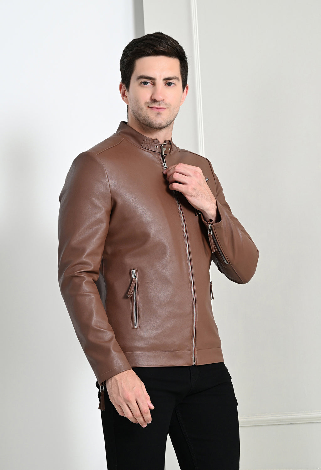 Men Leather Lightweight Tan Biker Jacket – view 3