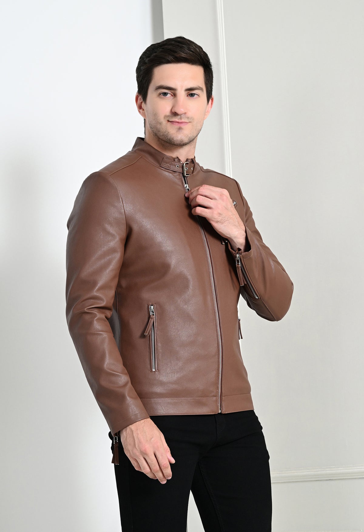 Men Leather Lightweight Tan Biker Jacket – view 3