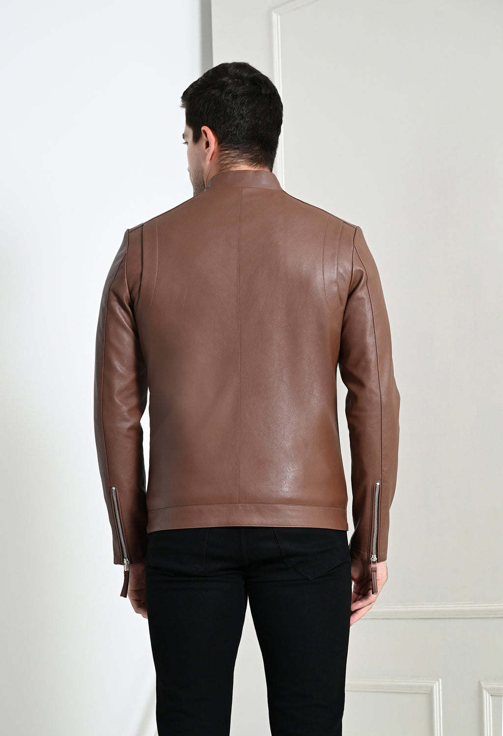 Men Leather Lightweight Tan Biker Jacket – view 4