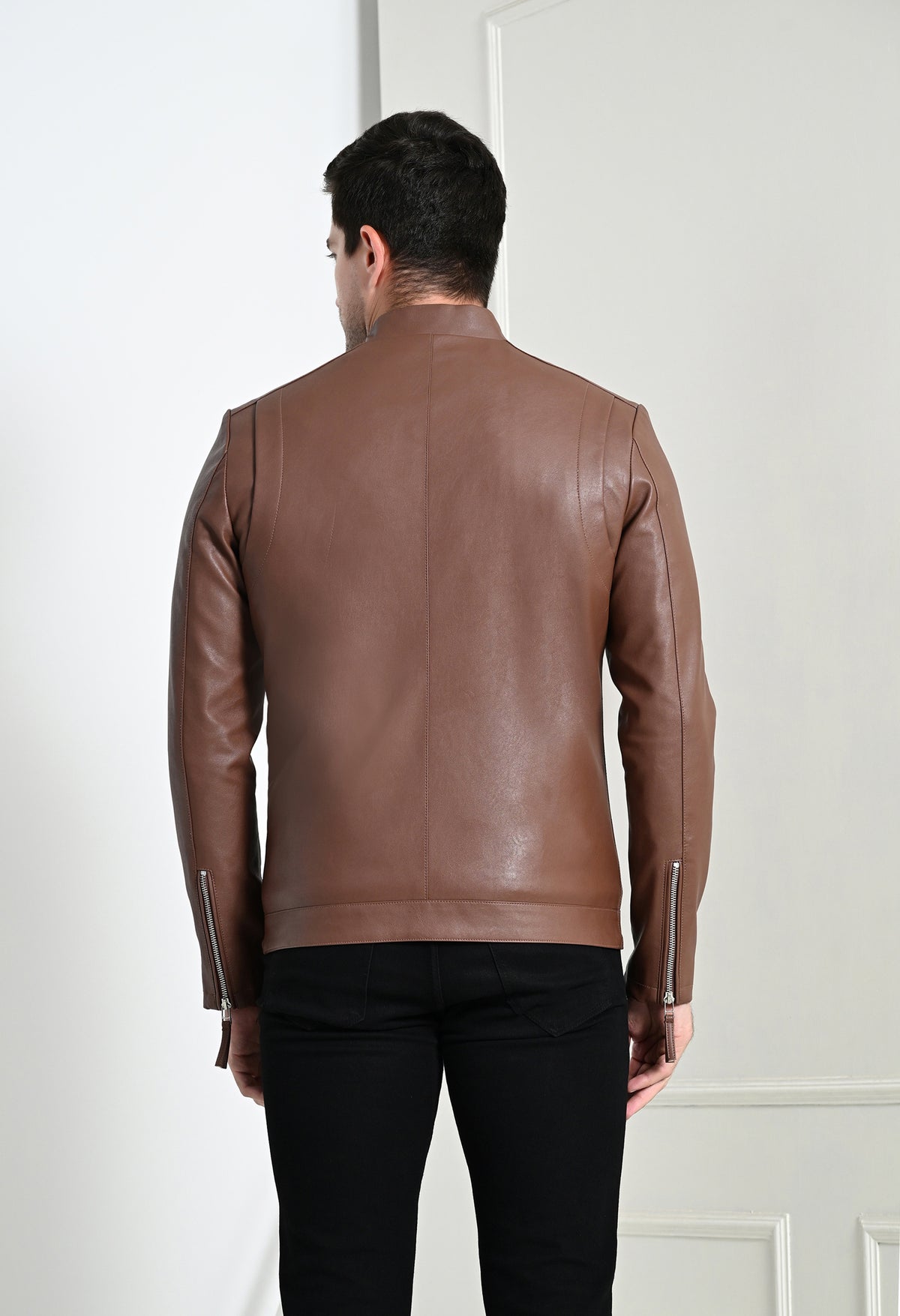 Men Leather Lightweight Tan Biker Jacket – view 4