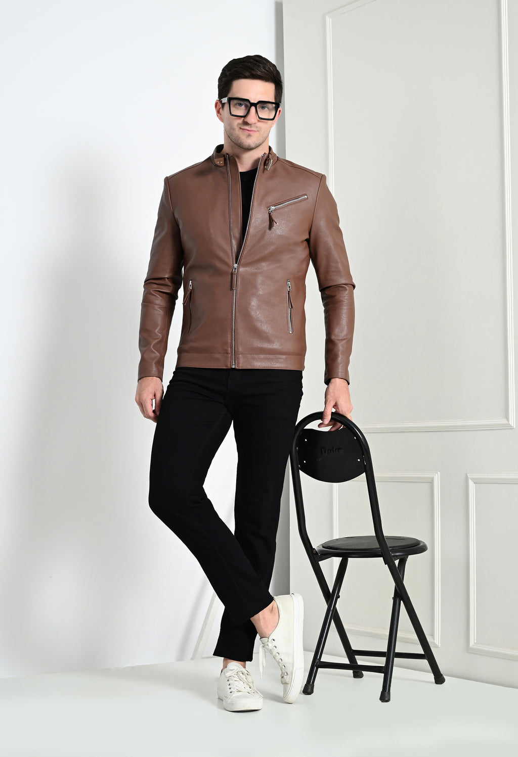 Men Leather Lightweight Tan Biker Jacket – view 5