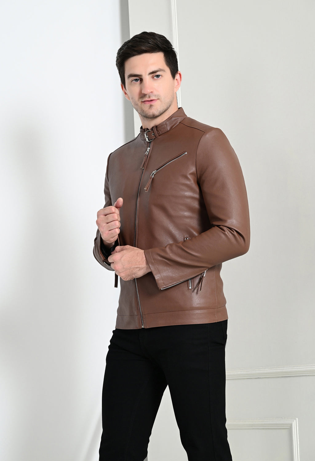 Men Leather Lightweight Tan Biker Jacket – view 7