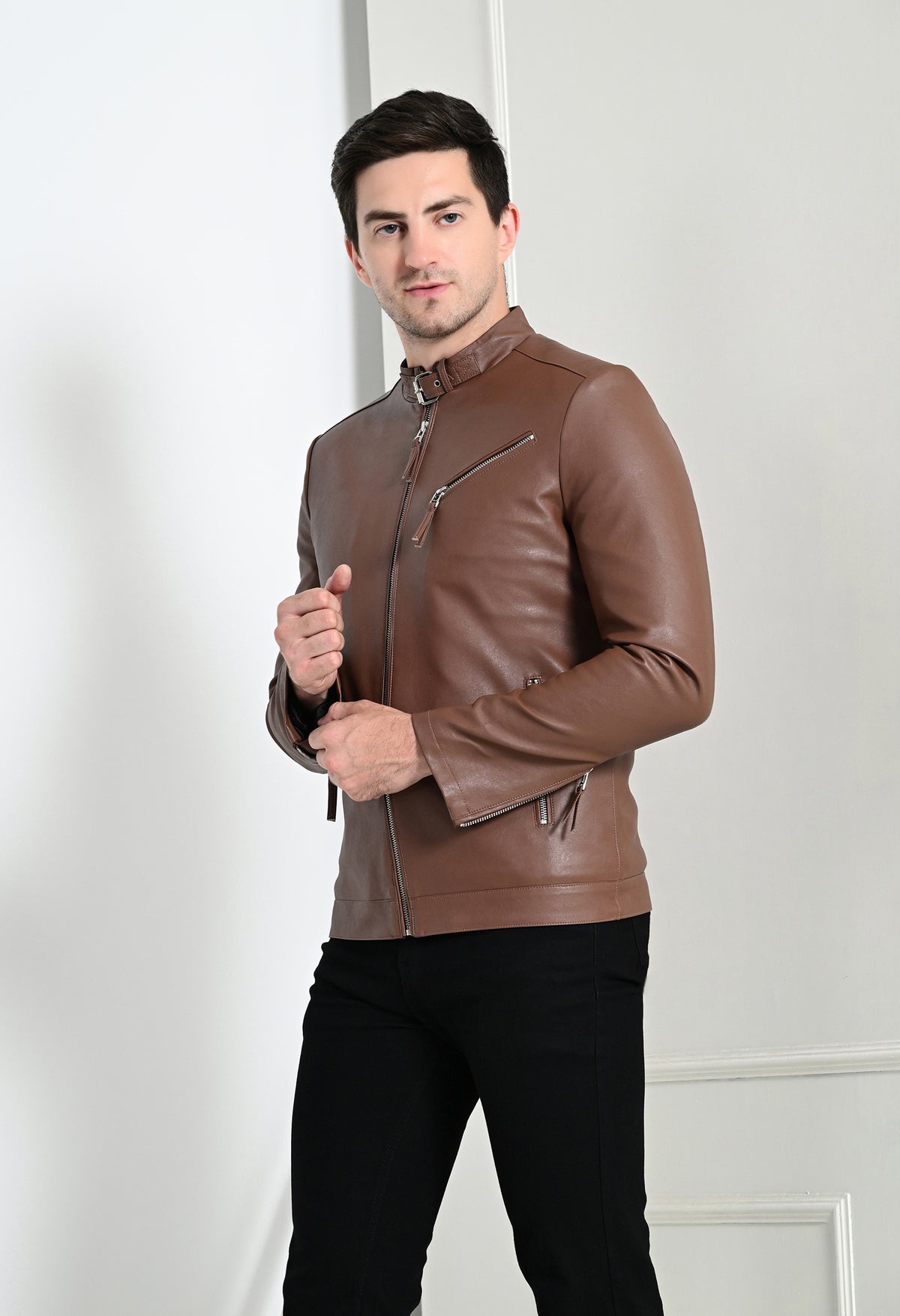 Men Leather Lightweight Tan Biker Jacket – view 7