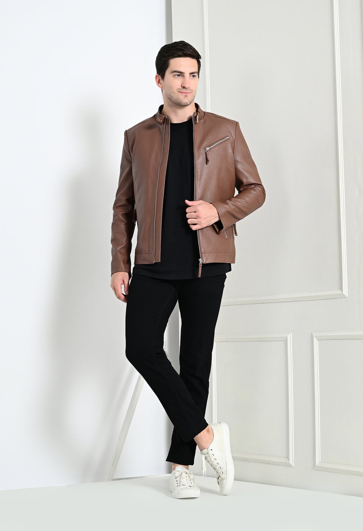Men Leather Lightweight Tan Biker Jacket – view 8