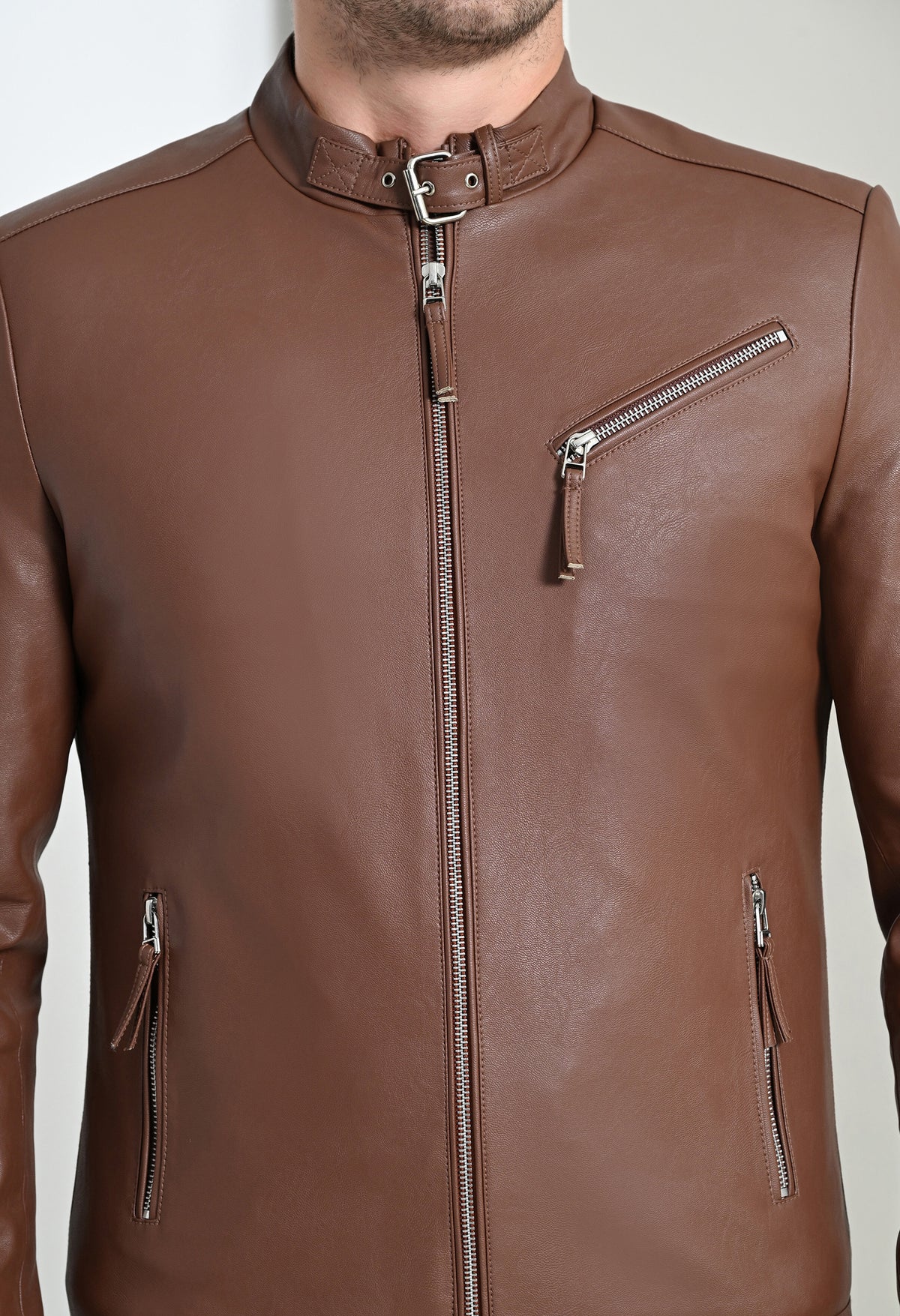 Men Leather Lightweight Tan Biker Jacket – view 9