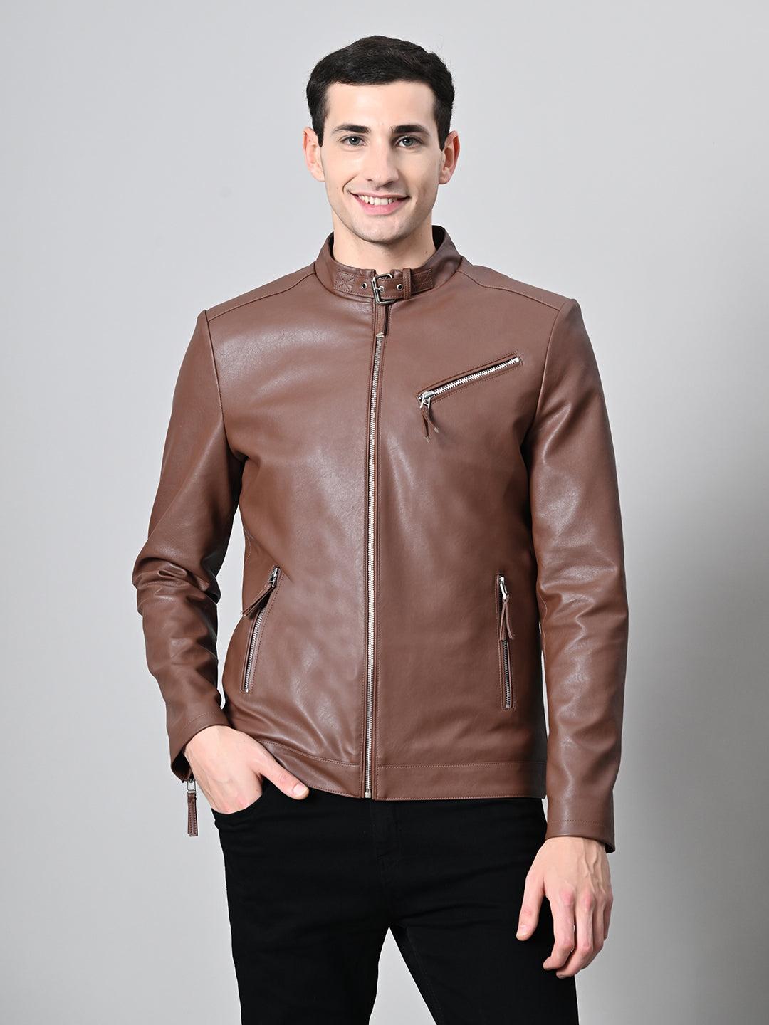 Leather Lightweight Biker Tan Jacket For Men – view 2