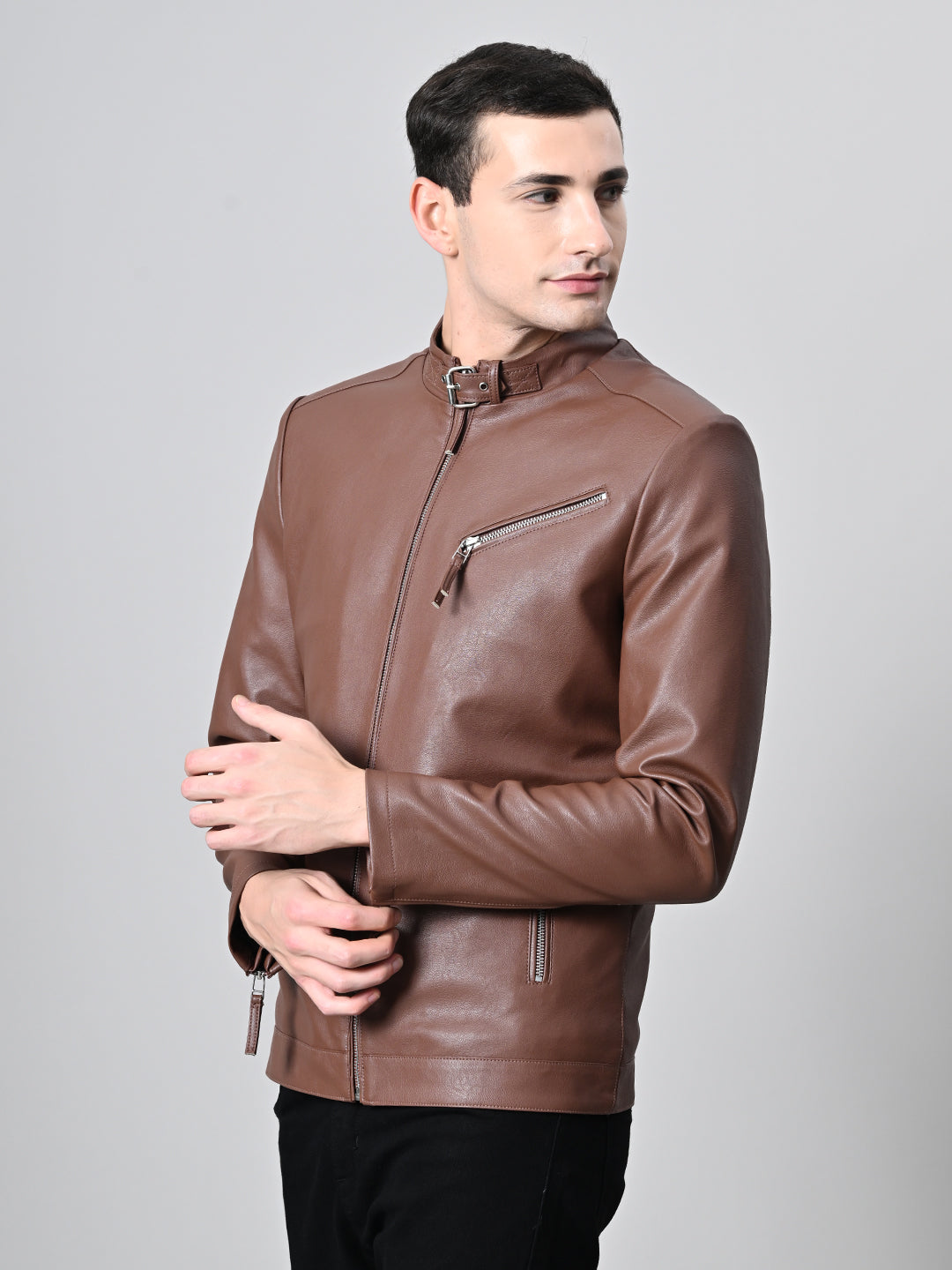Leather Lightweight Biker Tan Jacket For Men – view 4
