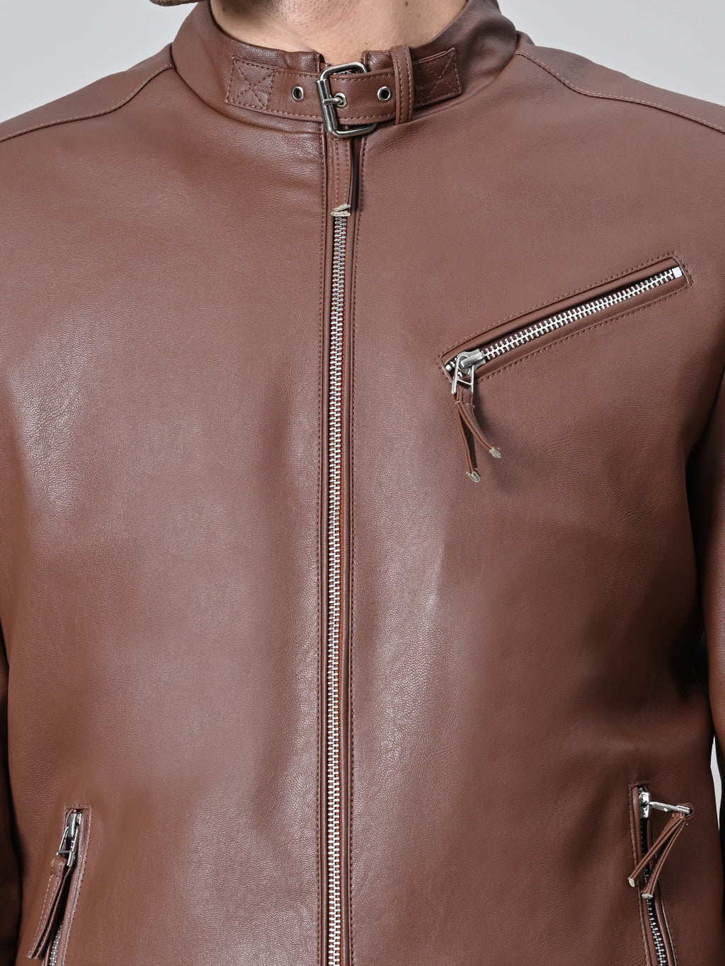 Leather Lightweight Biker Tan Jacket For Men – view 5