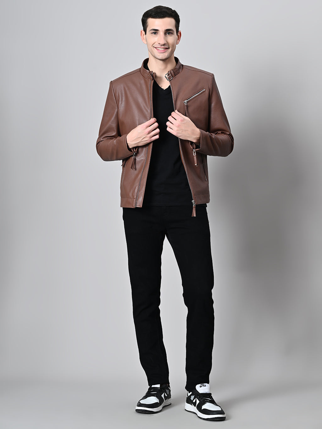 Leather Lightweight Biker Tan Jacket For Men – view 7