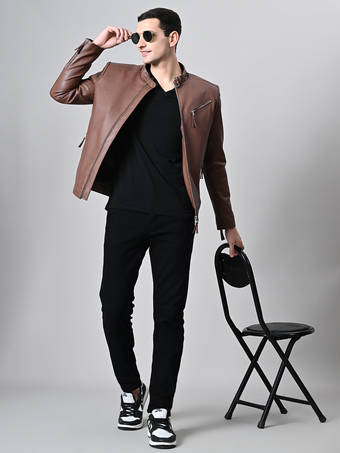 Leather Lightweight Biker Tan Jacket For Men – view 8