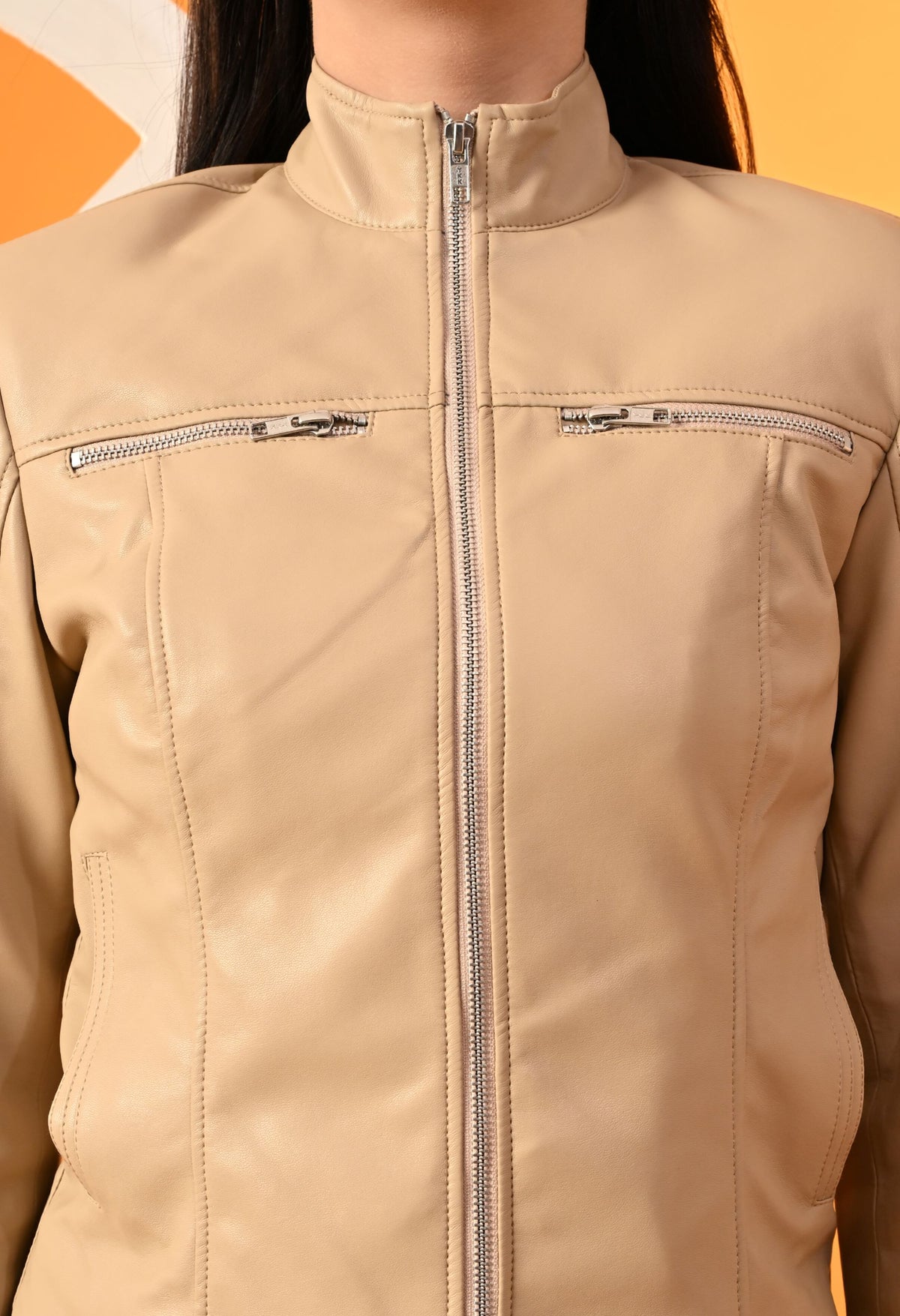Leather Water Resistant Outdoor Beige Biker Jacket – view 4
