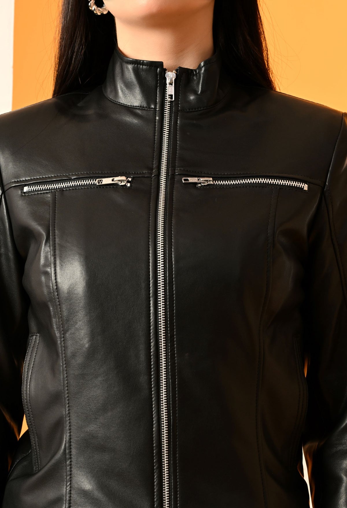 Leather Water Resistant Outdoor Black Biker Jacket – view 8