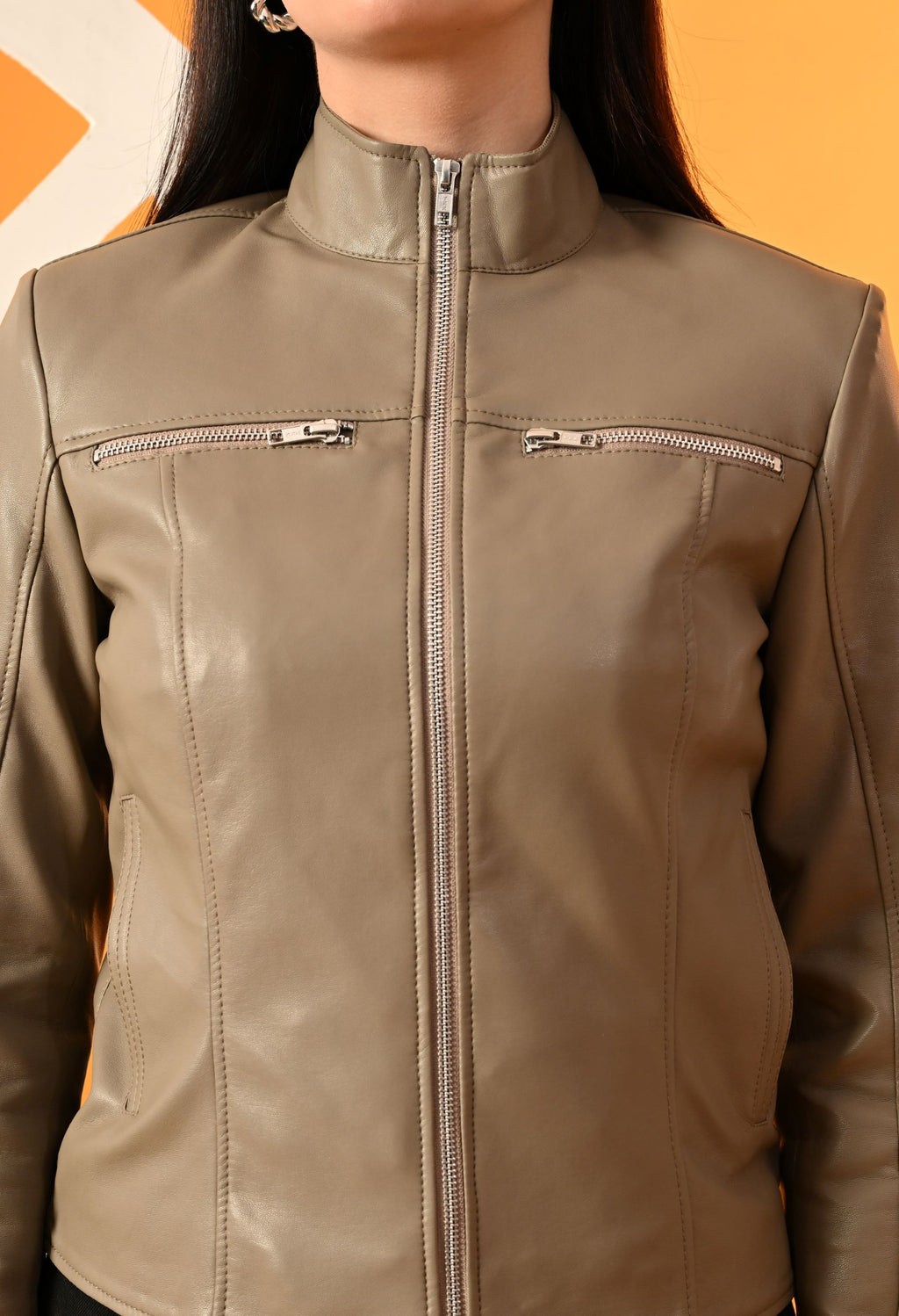 Leather Water Resistant Outdoor Gray Biker Jacket – view 6