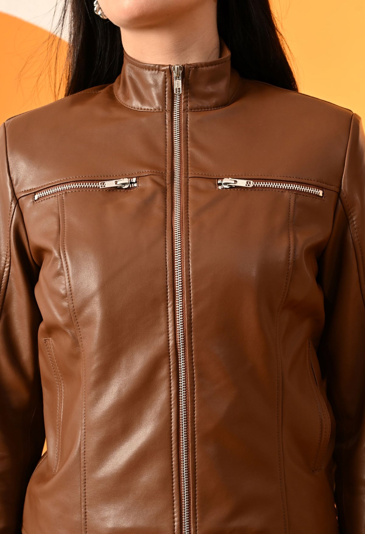 Leather Water Resistant Outdoor Tan Biker Jacket – view 5