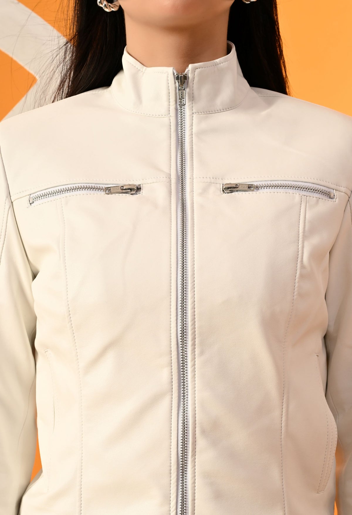 Leather Water Resistant Outdoor White Biker Jacket – view 6