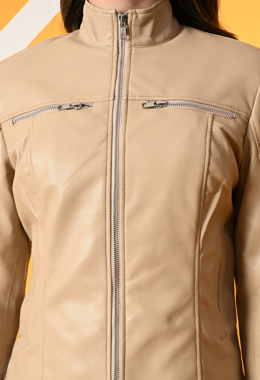 Women Mock Collar Solid Water Resistant Biker Jacket – view 10