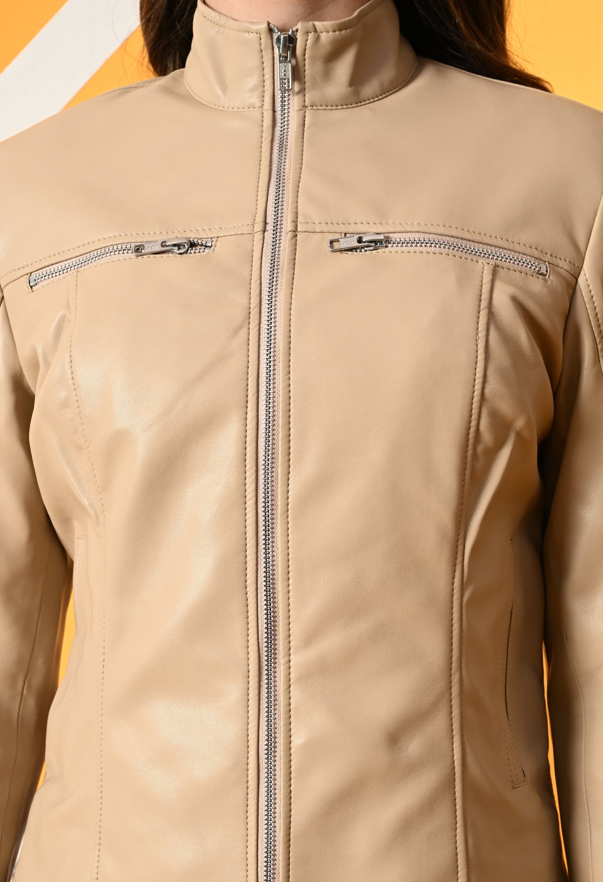 Women Mock Collar Solid Water Resistant Biker Jacket – view 10